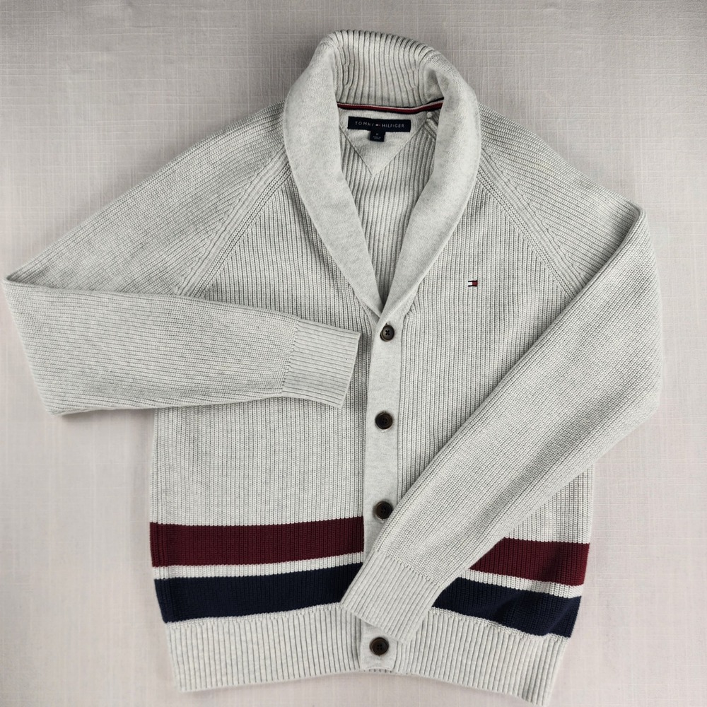 Tommy Hilfiger Cardigan Men Medium Gray Striped Shawl Collar 100% Cotton preppy - Picture 2 of 13